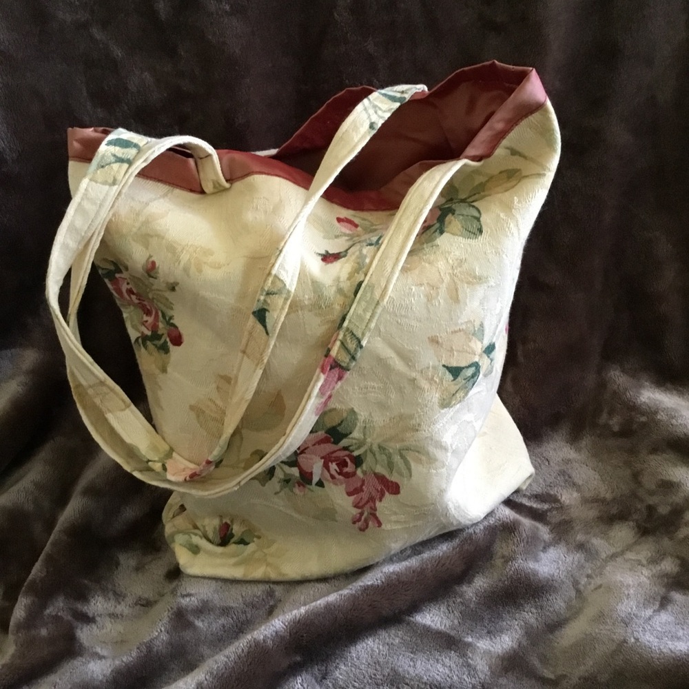 Handmade floral brocade & silk lined tote. Small inner pocket. Self straps.